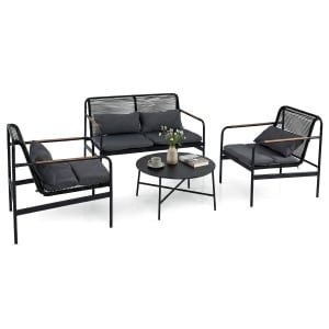 4-Delige Tuinset Loveseat & 2 Fauteuils met Salontafel Metalen Frame Kussens PE-Rotan Buitenbank