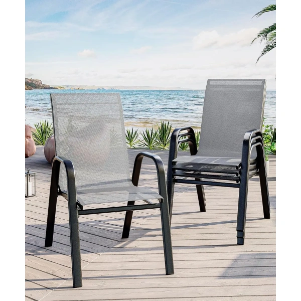 4-delige stapelbare terrasstoelen set, buitenstoelen met textiel/stalen frame, voor terras, achtertuin, tuin, zwembadrand