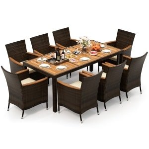 9-delige Rotan Zitgroep voor 8 Personen Tuinmeubelen Tuintafel met Stapelbare Stoelen & Acacia-tafelblad Tuinset Buiten Bruin