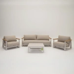 Loungeset kunststof rug draad Creme Beige Aluminium frame Teak arm Lounge Stoel met Tafel Vita