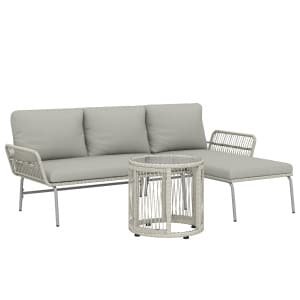 Outsunny Polyrattan tuinmeubelset 3-delig, loungeset met chaise longue tweezitsbank glazen tafel afneembare kussens