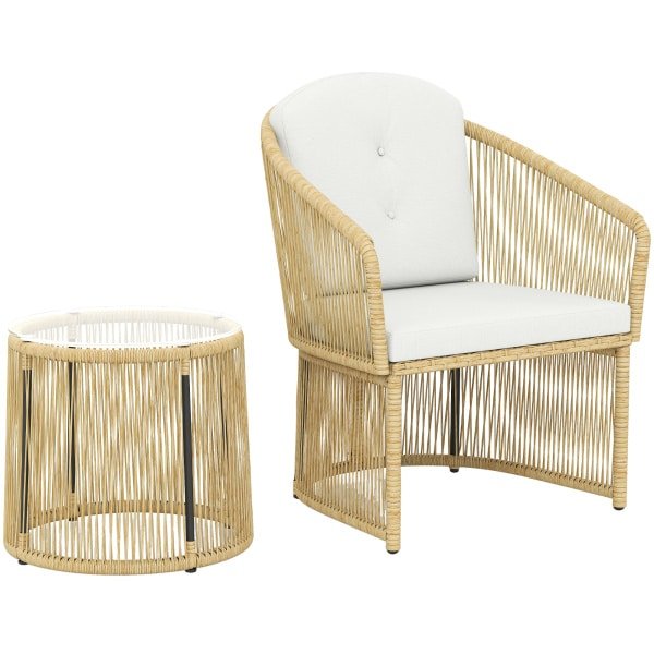 Outsunny Rattan-bistroset, 3-delig tuinmeubelset met ronde glazen tafel, fauteuils en kussens, crèmewit