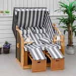Outsunny Strandkorf, verstelbare met dak, 5-traps rugleuning, weerbestendig, 2 Opvouwbare tafel, tot 300 kg, 118 x 79 x 150 cm, Grijs + Wit | Aosom.nl