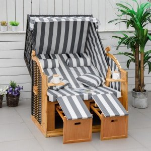 Outsunny Strandkorf, verstelbare met dak, 5-traps rugleuning, weerbestendig, 2 Opvouwbare tafel, tot 300 kg, 118 x 79 x 150 cm, Grijs + Wit | Aosom.nl