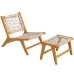 Outsunny Tuinloungestoel met voetenbank 2-delig FSC Acaciahout outdoor loungeset met rattan zitting, Boho-stijl, verstelbare poten
