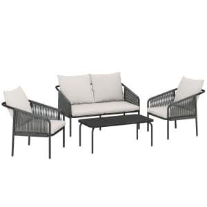 Outsunny Tuinmeubelset 4-delig polyrattan loungeset met tweezitsbank, 2 fauteuils, salontafel, afneembare kussens met banden