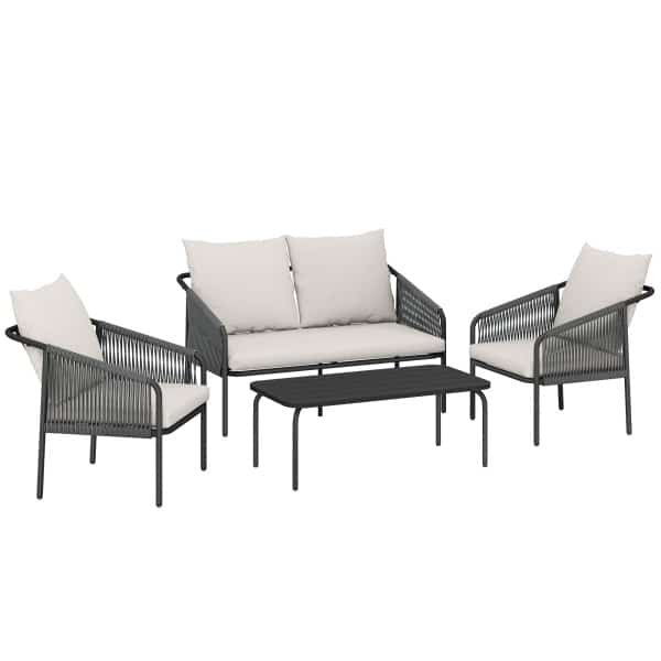 Outsunny Tuinmeubelset 4-delig polyrattan loungeset met tweezitsbank, 2 fauteuils, salontafel, afneembare kussens met banden