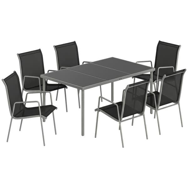 Outsunny Tuinmeubelset 7-delig 150 x 90 cm tafel met 6 ademende stoelen, gehard glazen tafelblad