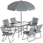 Outsunny tuinset 6 personen, Glazen Tafel met Klapstoelen en 180 cm Parasol, Demonteerbaar ontwerp, gemakkelijk schoon te maken，Grijs | Aosom.nl