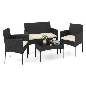 Tuinset 4-Delige Balkonmeubelset met Fauteuil Tuintafel en 2 Stoelen Rotan Tuinlounge met Zitkussens Terrasmeubels voor Buiten-Beige