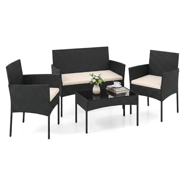 Tuinset 4-Delige Balkonmeubelset met Fauteuil Tuintafel en 2 Stoelen Rotan Tuinlounge met Zitkussens Terrasmeubels voor Buiten-Beige