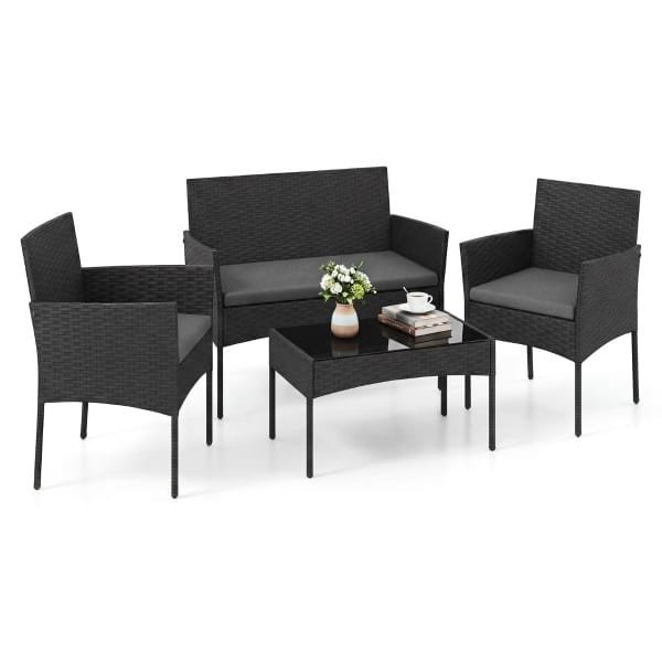 Tuinset 4-Delige Balkonmeubelset met Fauteuil Tuintafel en 2 Stoelen Rotan Tuinlounge met Zitkussens Terrasmeubels voor Buiten-Grijs