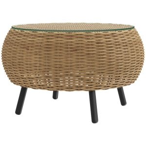 Outsunny Polyrattan Bijzettafel met Glazen Tafelblad Ø75 x 42 cm - Bruin